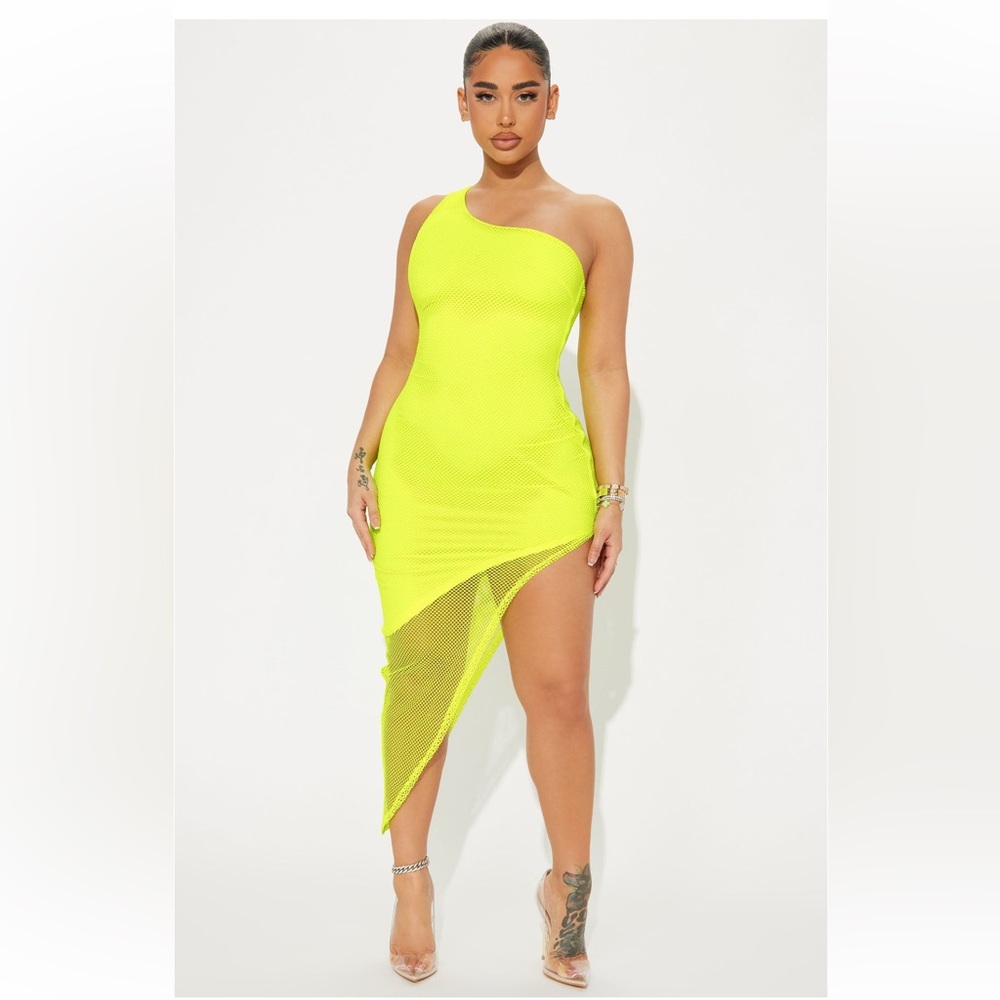 Fashion nova Mariah Net Midi Dress/Large/Neon Yellow